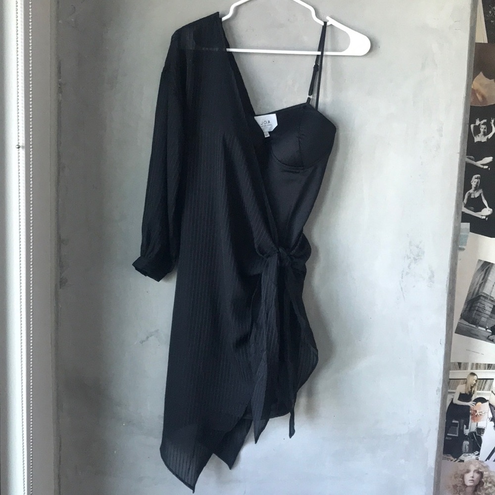J.O.A Black Slip Dress with one-sleeve detail